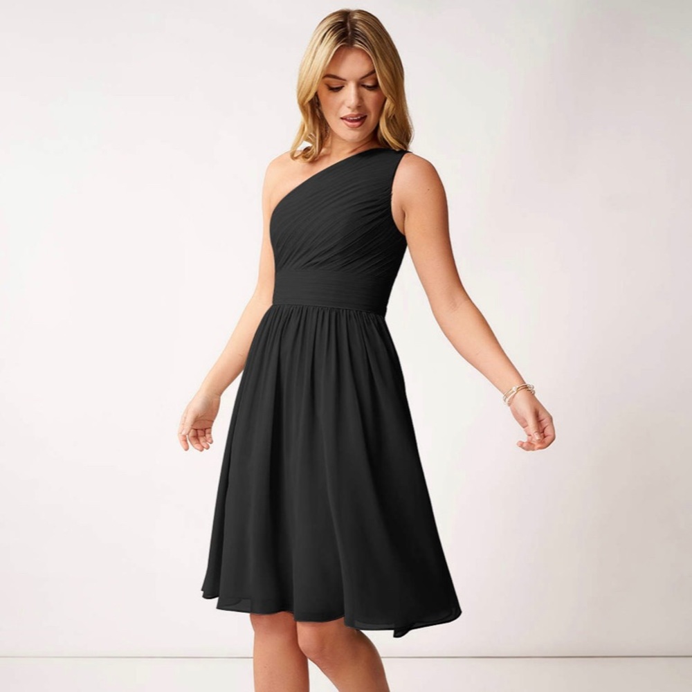 JJs House Short Black Bridesmaid Party Holiday One Shoulder Midi Dress